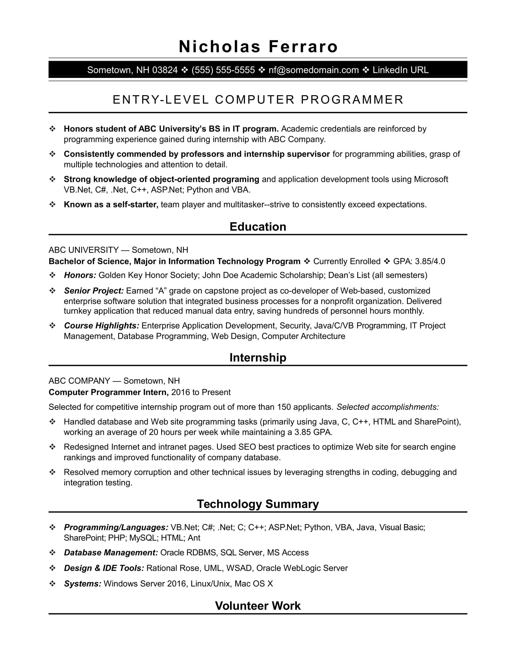 Sample Resume For An Entry Level Computer Programmer Monster Com