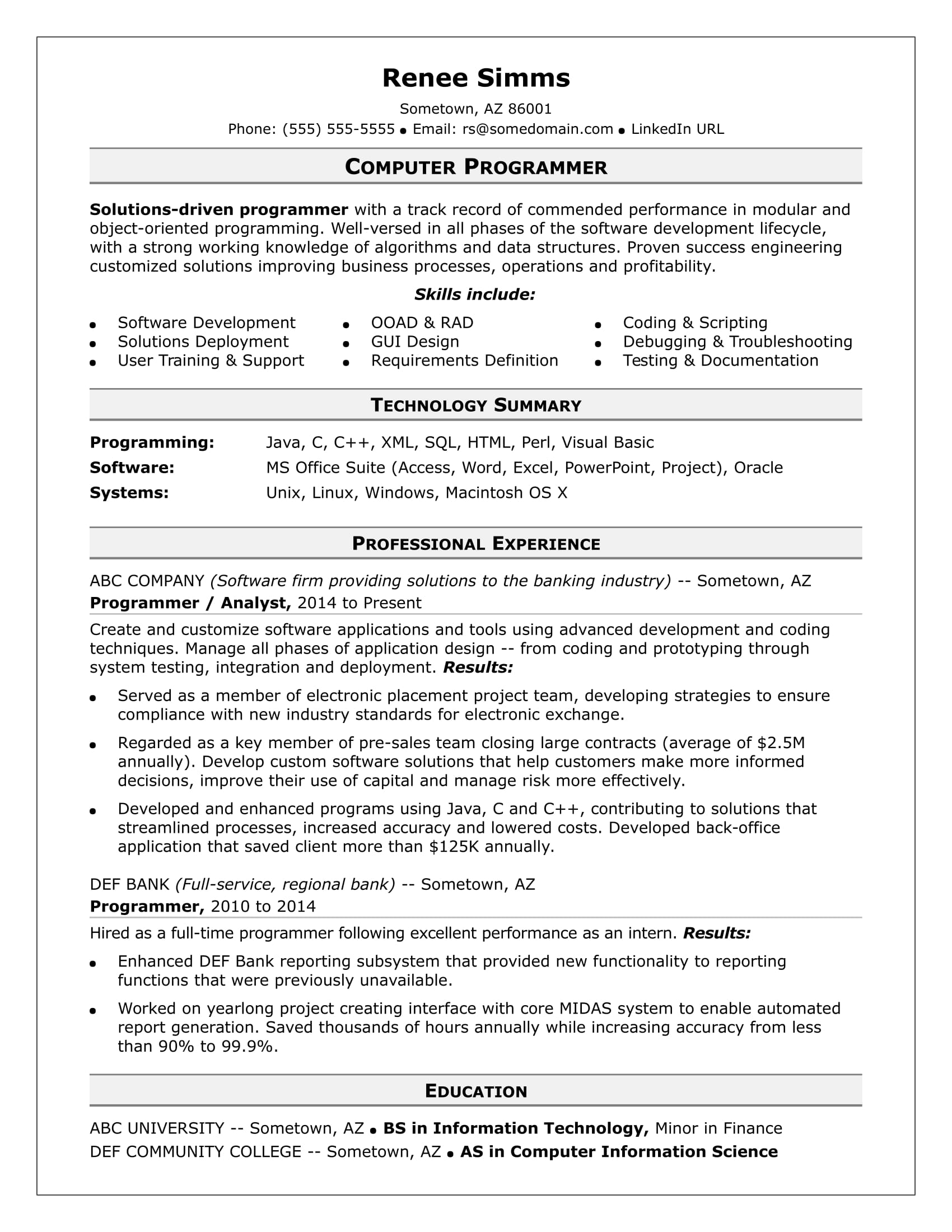 Sample Resume for a Midlevel Computer Programmer