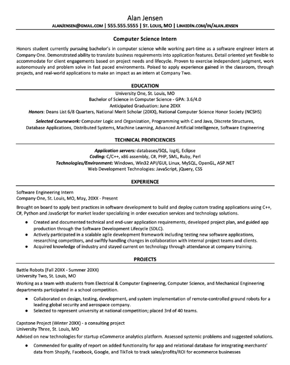 objective in resume for internship in computer science