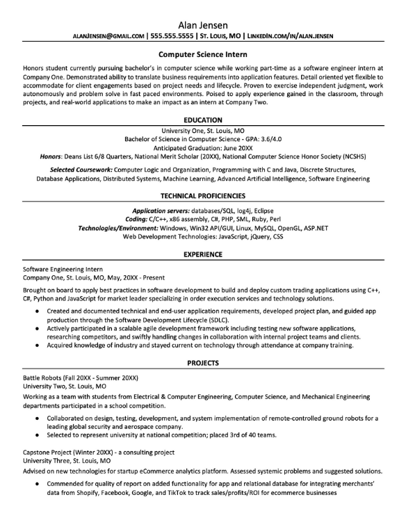 Computer Science Intern Resume