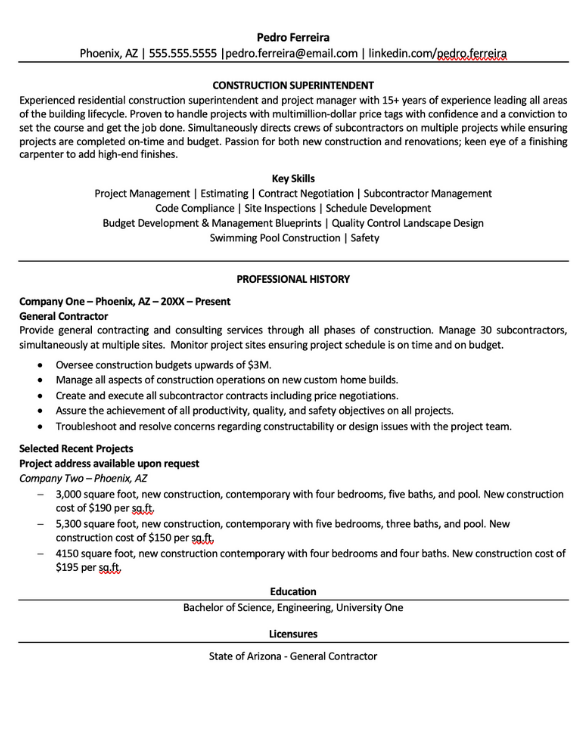 Construction Superintendent Resume Sample