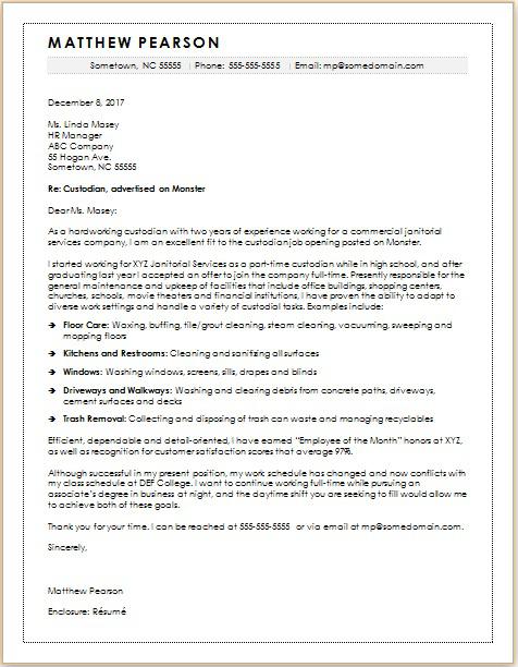 Letter Of Recommendation For Custodian Cover Letter Sample For Job   Cover Letter Custodian 