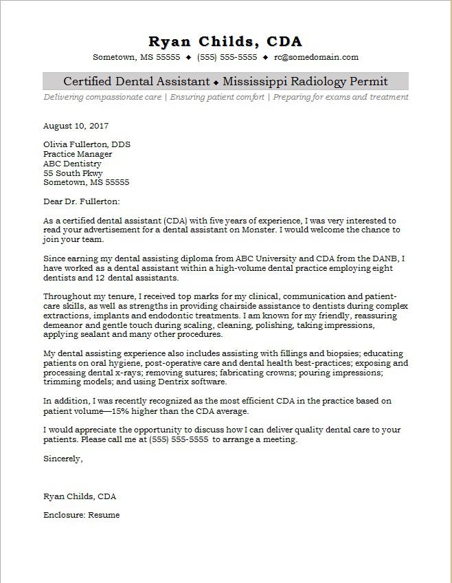 Dental Assistant Cover Letter Sample Monster