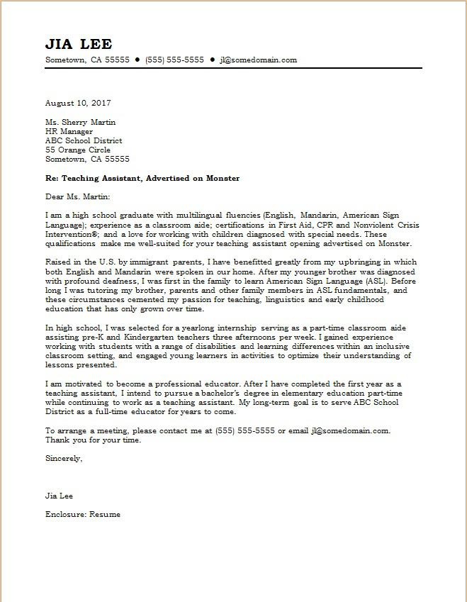 cover letter for teaching assistant template