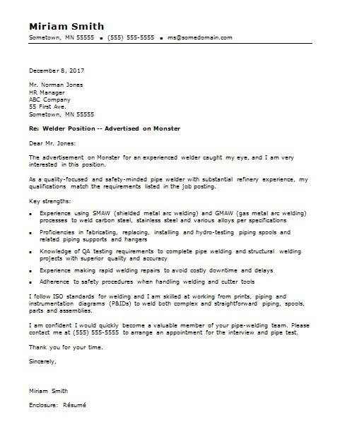 sample cover letter for welder position