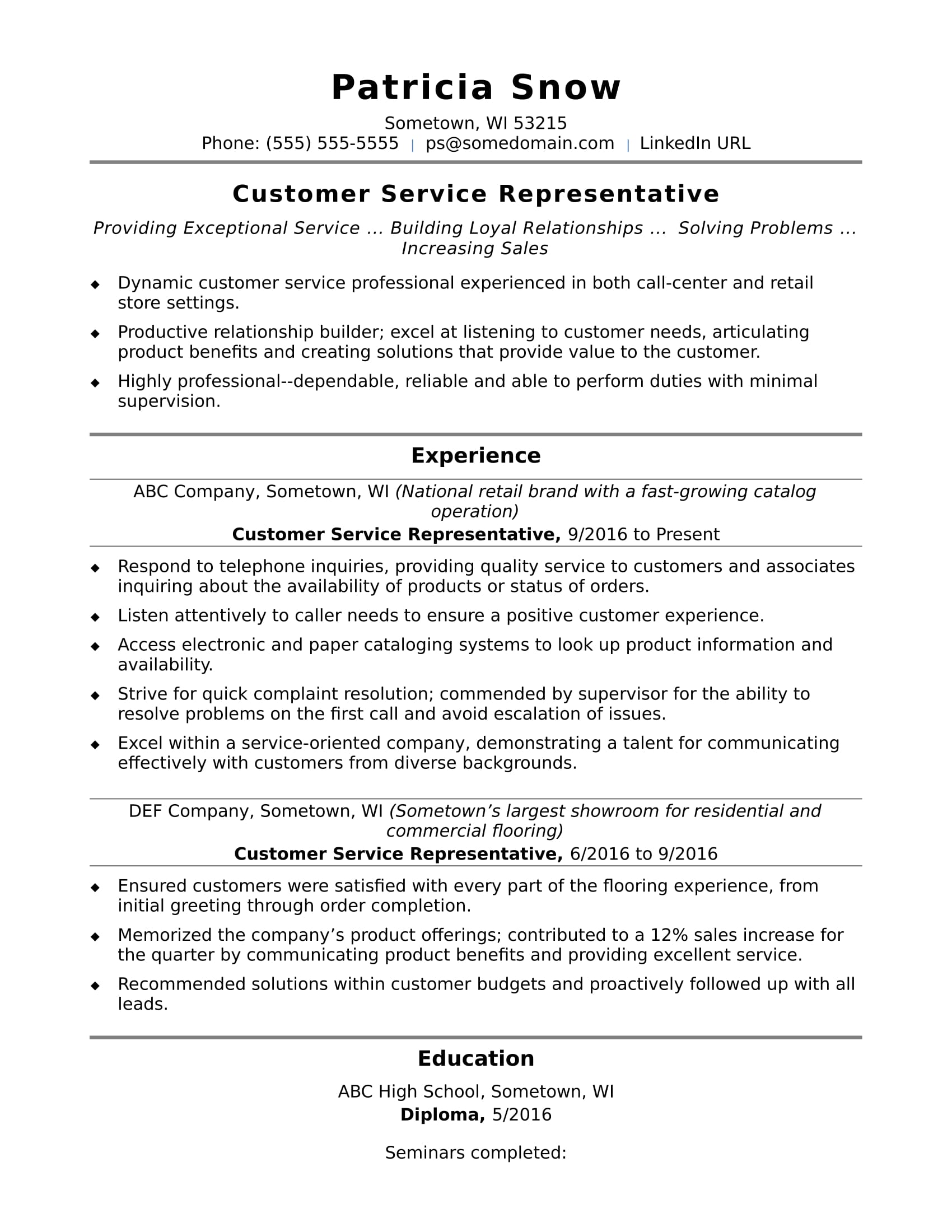 Entry Level Customer Service Resume Sample Monster