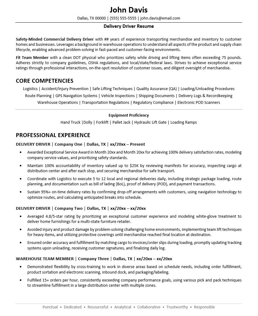 Delivery Driver Resume Sample