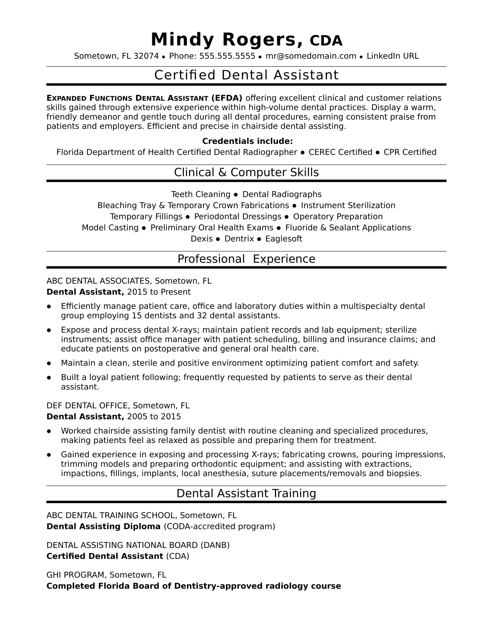 dental assistant duties resume