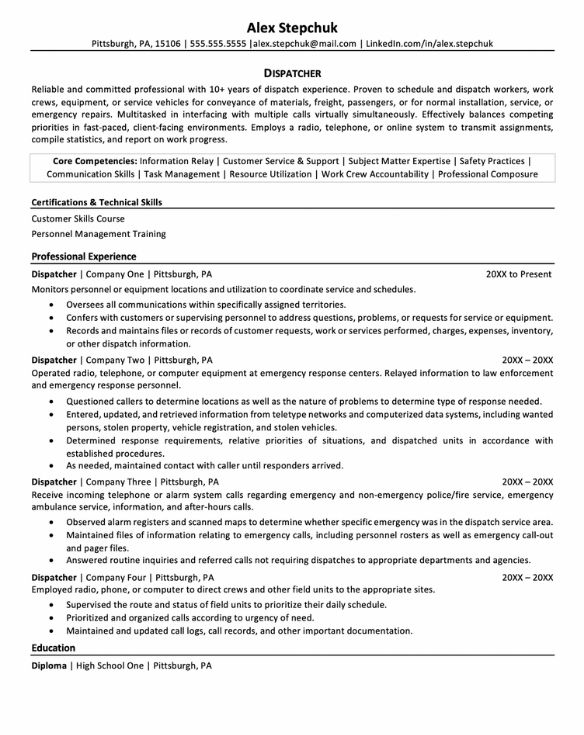 Dispatcher Resume Sample