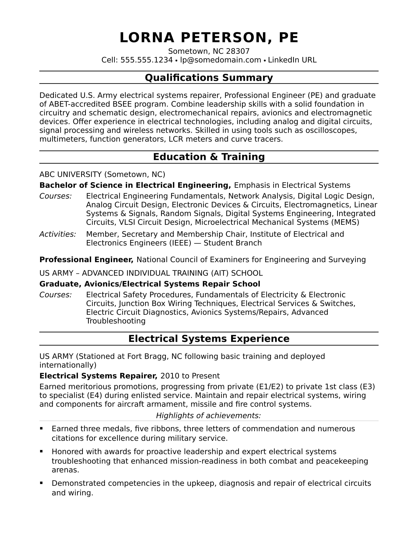 Sample Professional Resume Electrical Engineer - Electrical Engineer Resumes