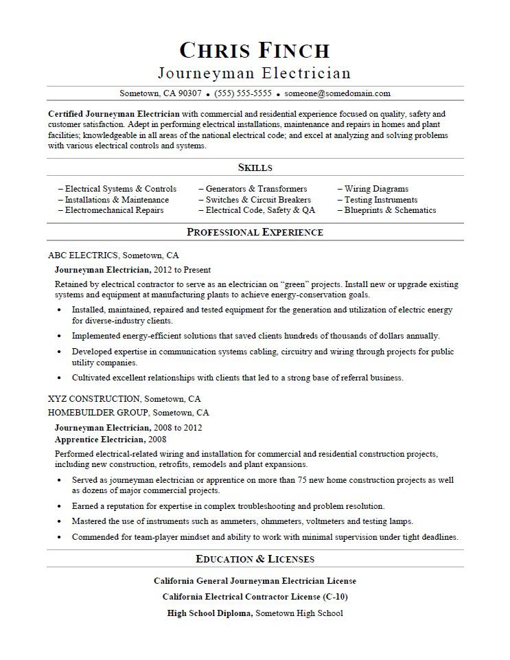 Journeyman Electrician Resume Sample Monster
