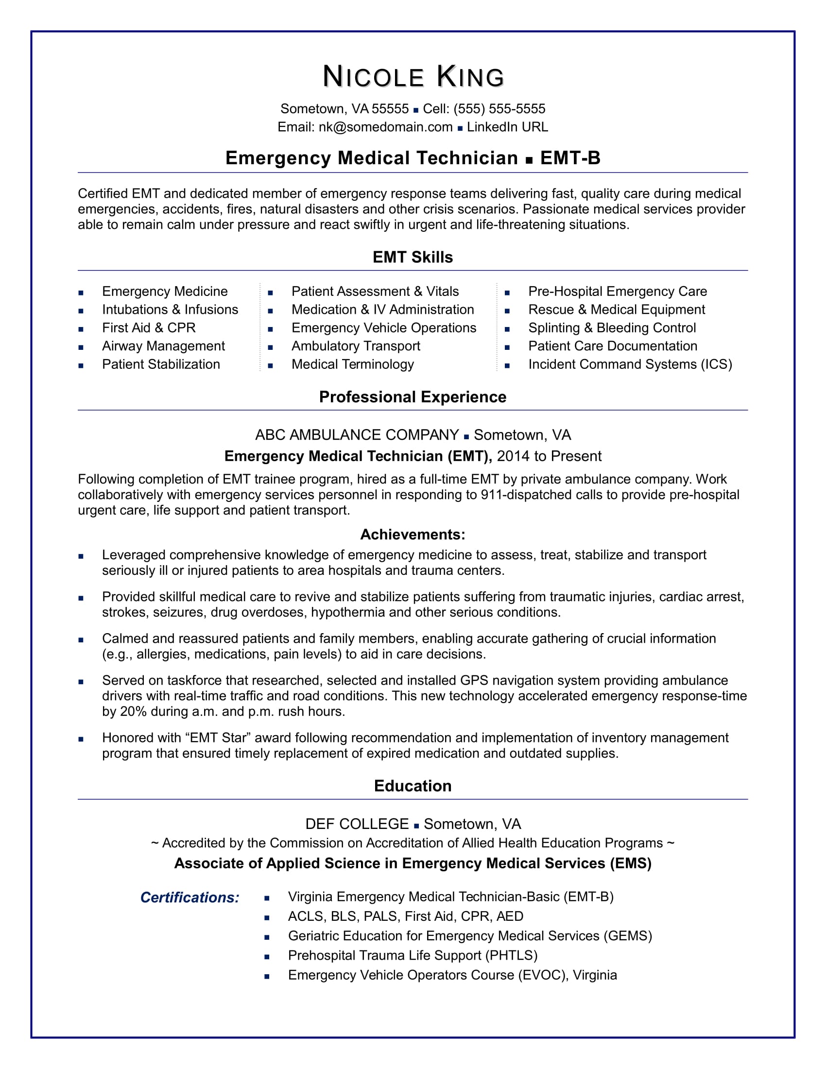 Emt Resume Sample Monster Com