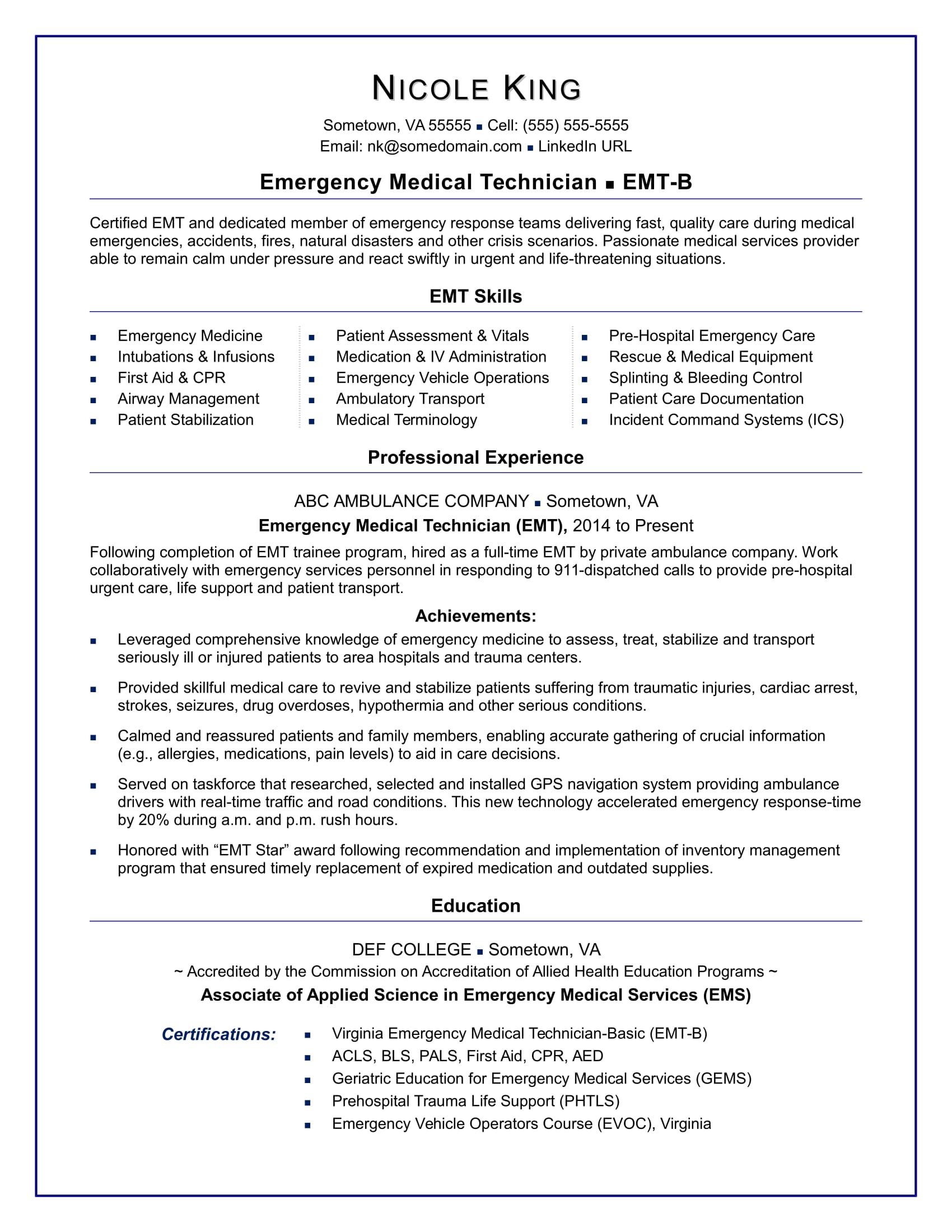 EMT Resume Sample Monster