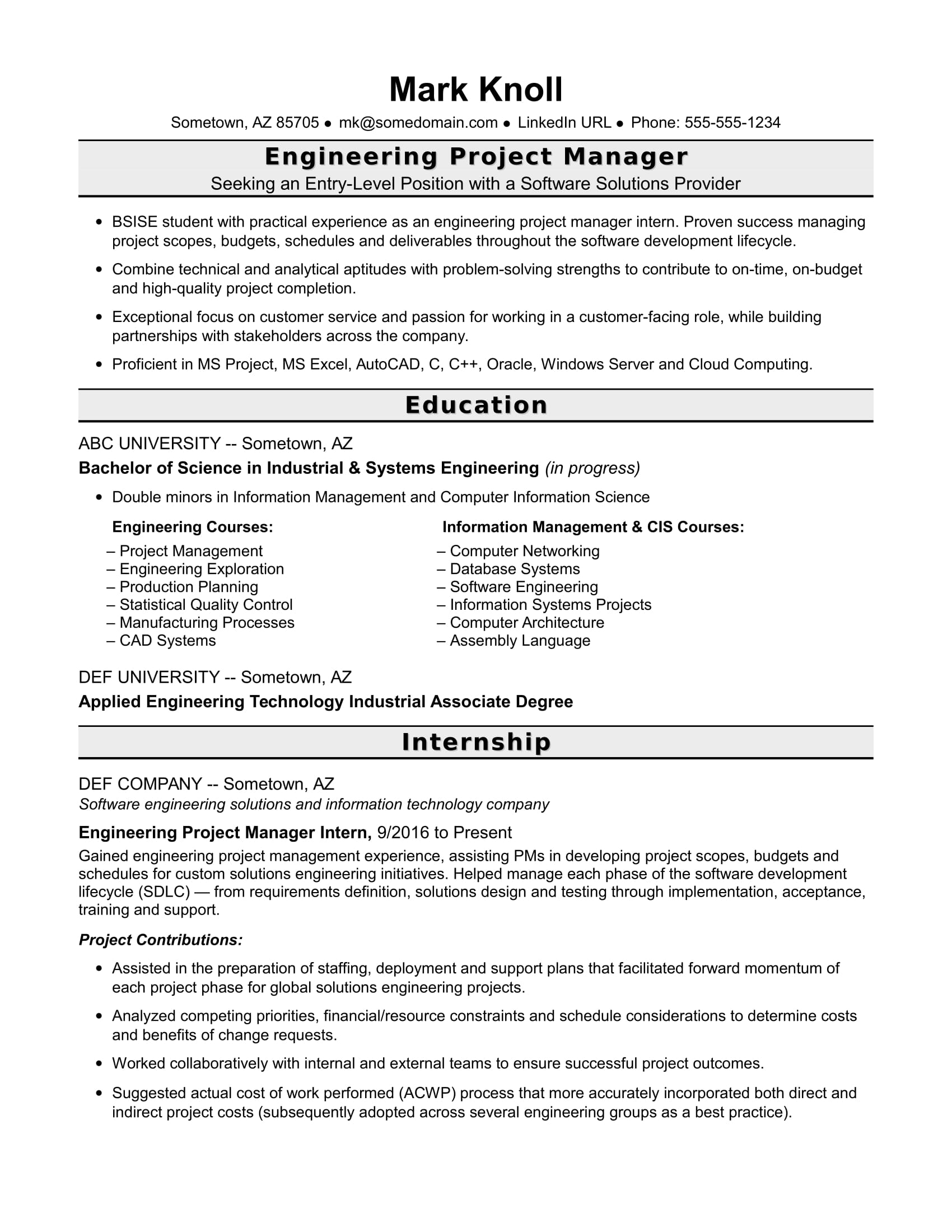 EntryLevel Project Manager Resume For Engineers
