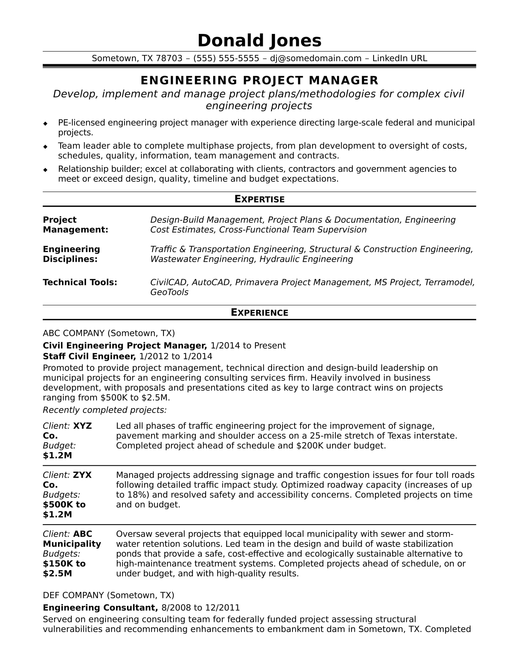 Sample Resume For A Midlevel Engineering Project Manager Monster Com