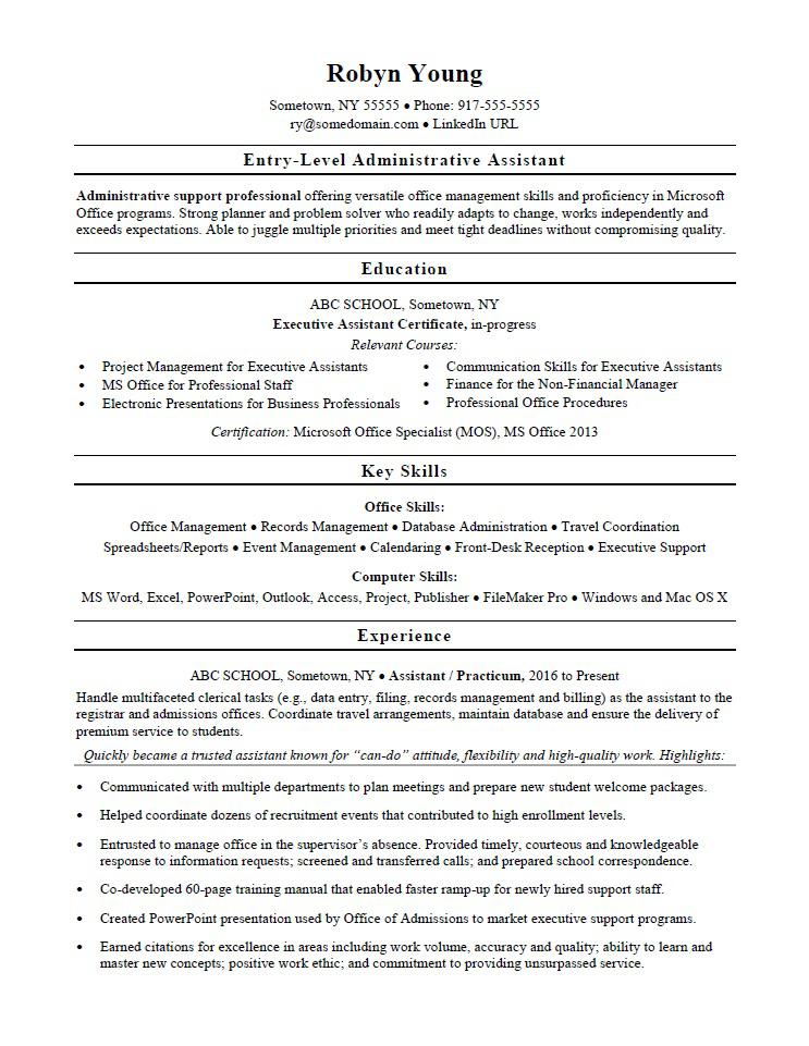 Entry Level Admin Resume Sample