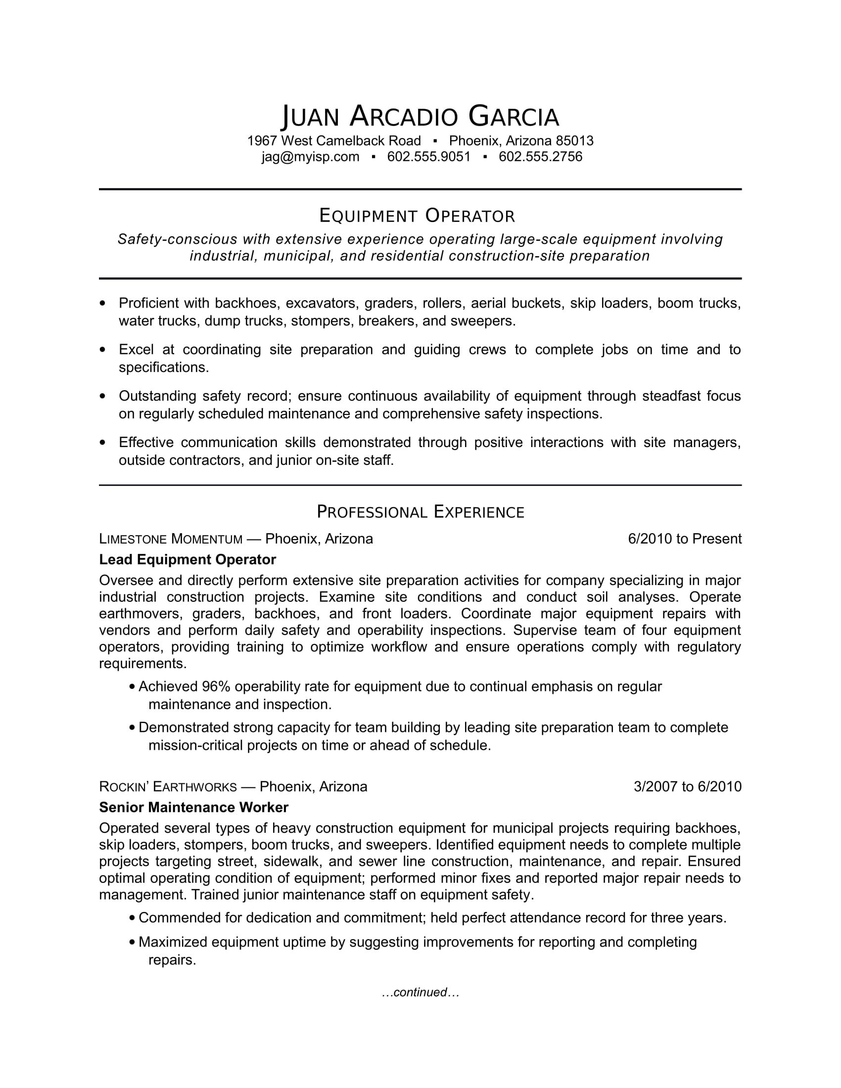 Equipment Operator Resume Sample