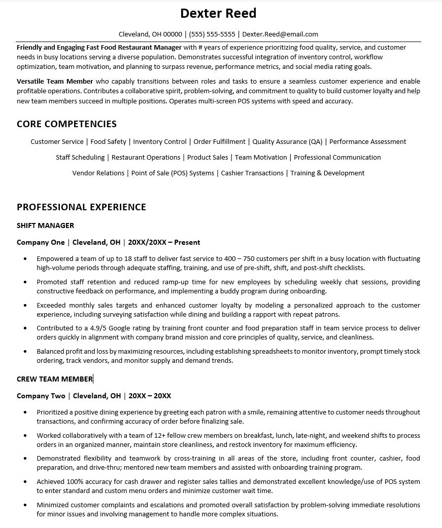 Fast Food Resume Sample Monster