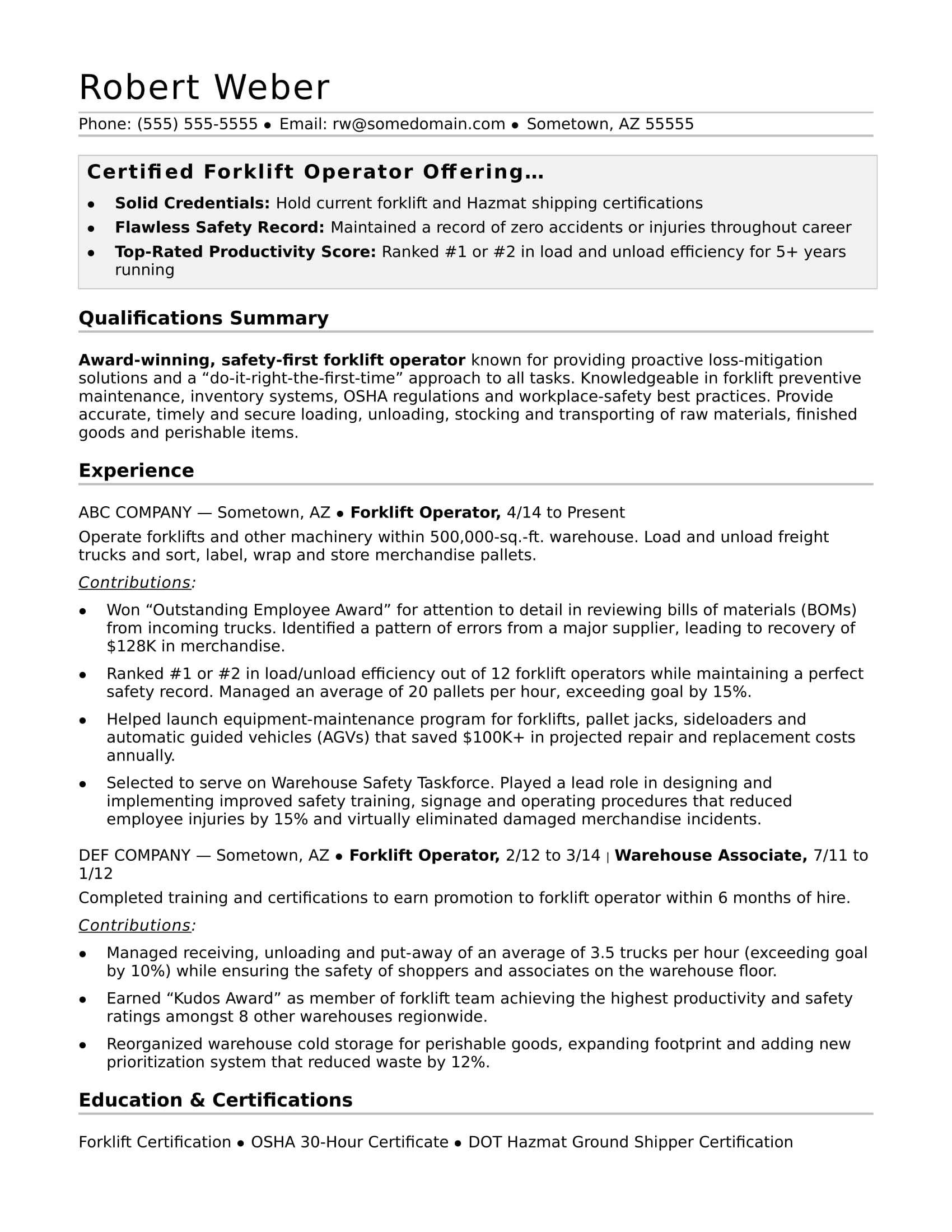 Forklift Operator Resume