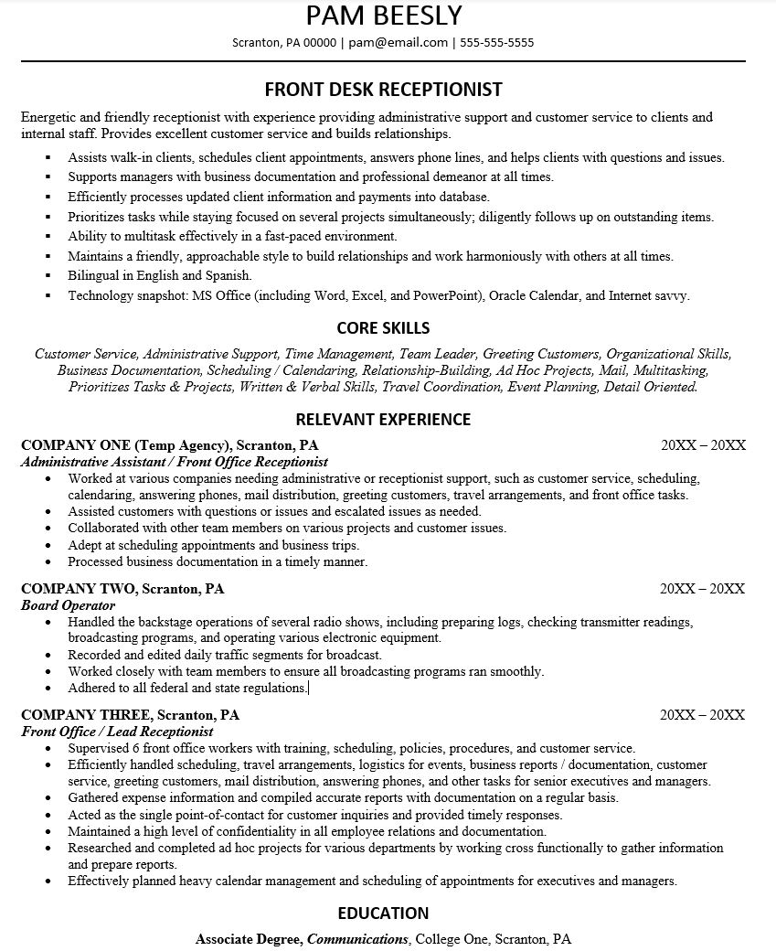 Front Desk Receptionist Resume | Monster.com – Monster Jobs