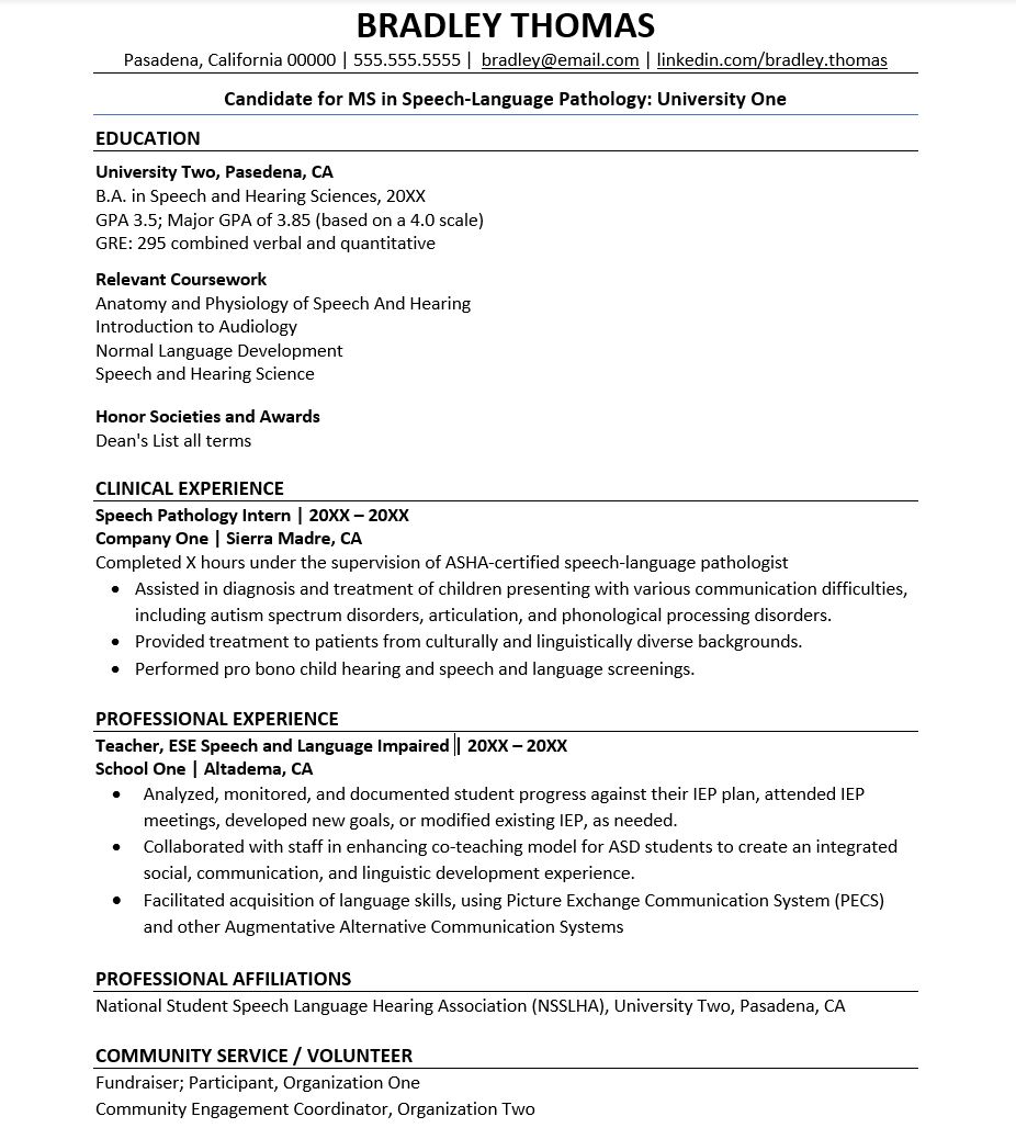 sample resume for grad school application
