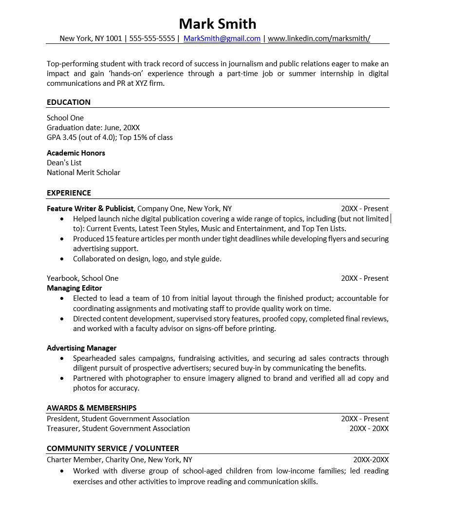 resume template high school student first job