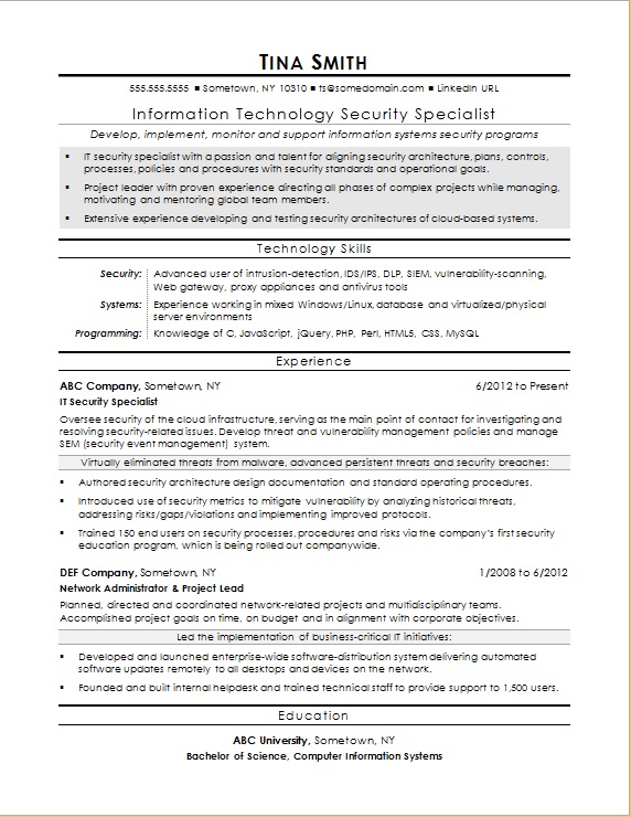 Sample Resume For An Information Security Specialist Monster Com