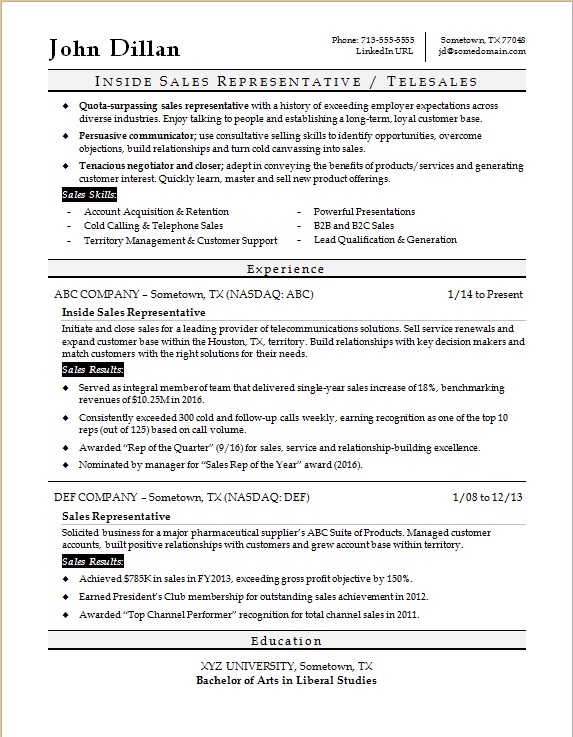 Inside Sales Rep Resume Sample Monster Com