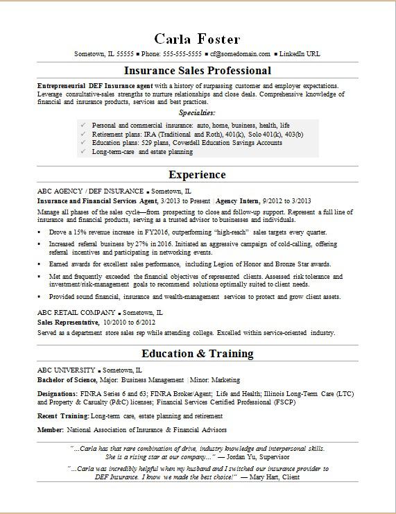 Insurance Sales Resume Sample Monster Com