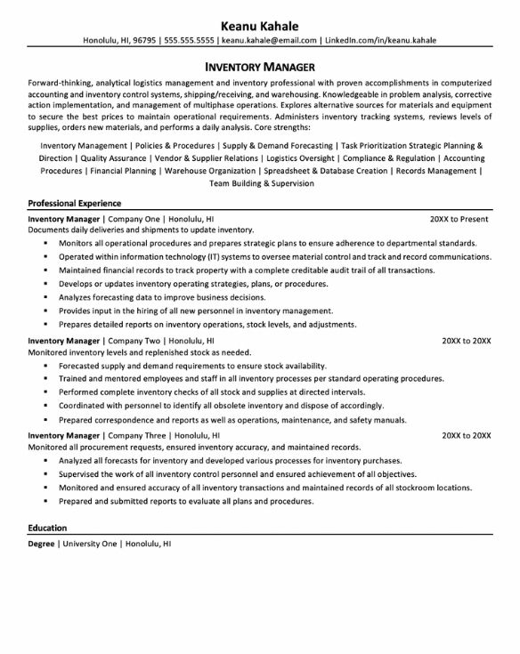 Inventory Manager Resume Monster