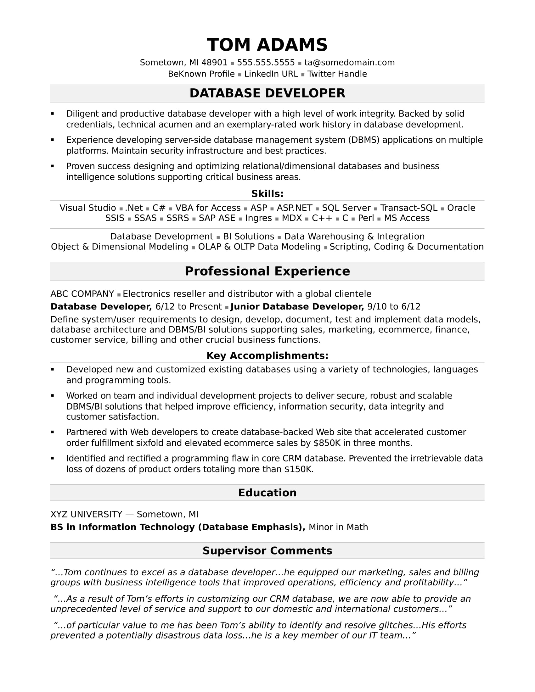 Sample Resume For A Midlevel It Developer Monster Com