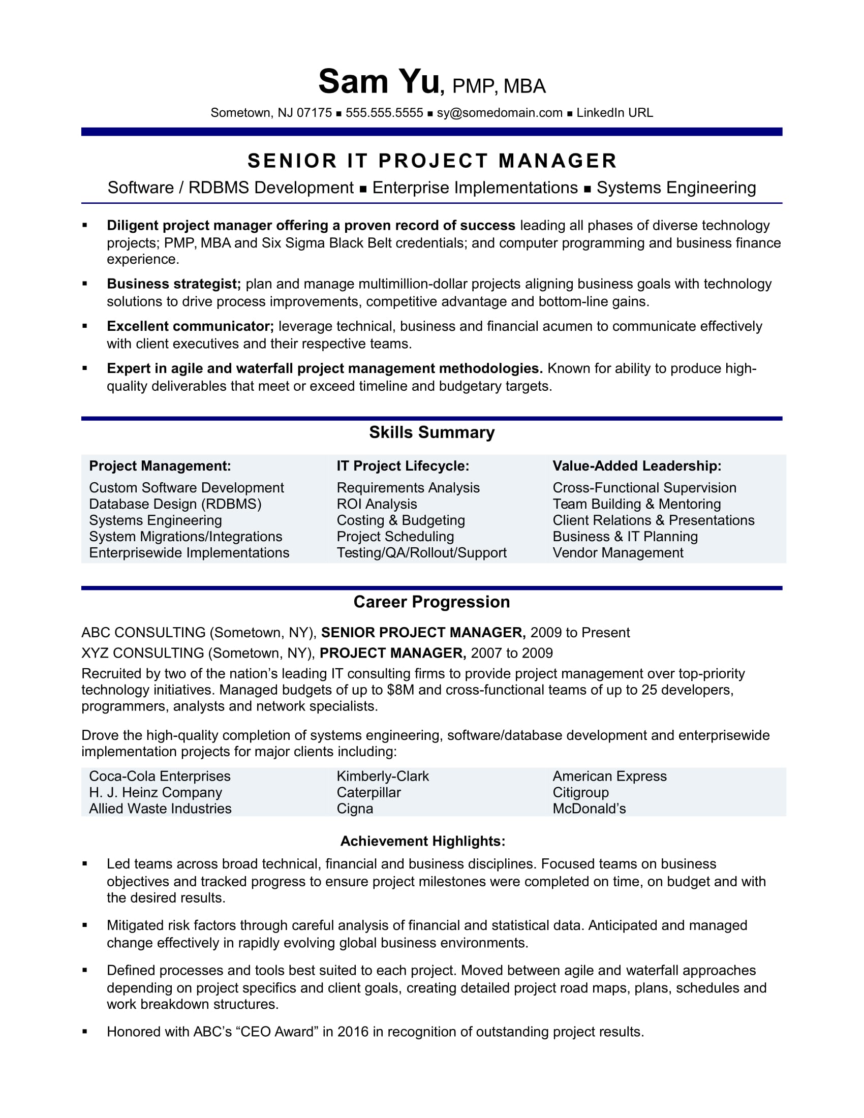 Experienced It Project Manager Resume Sample Monster Com