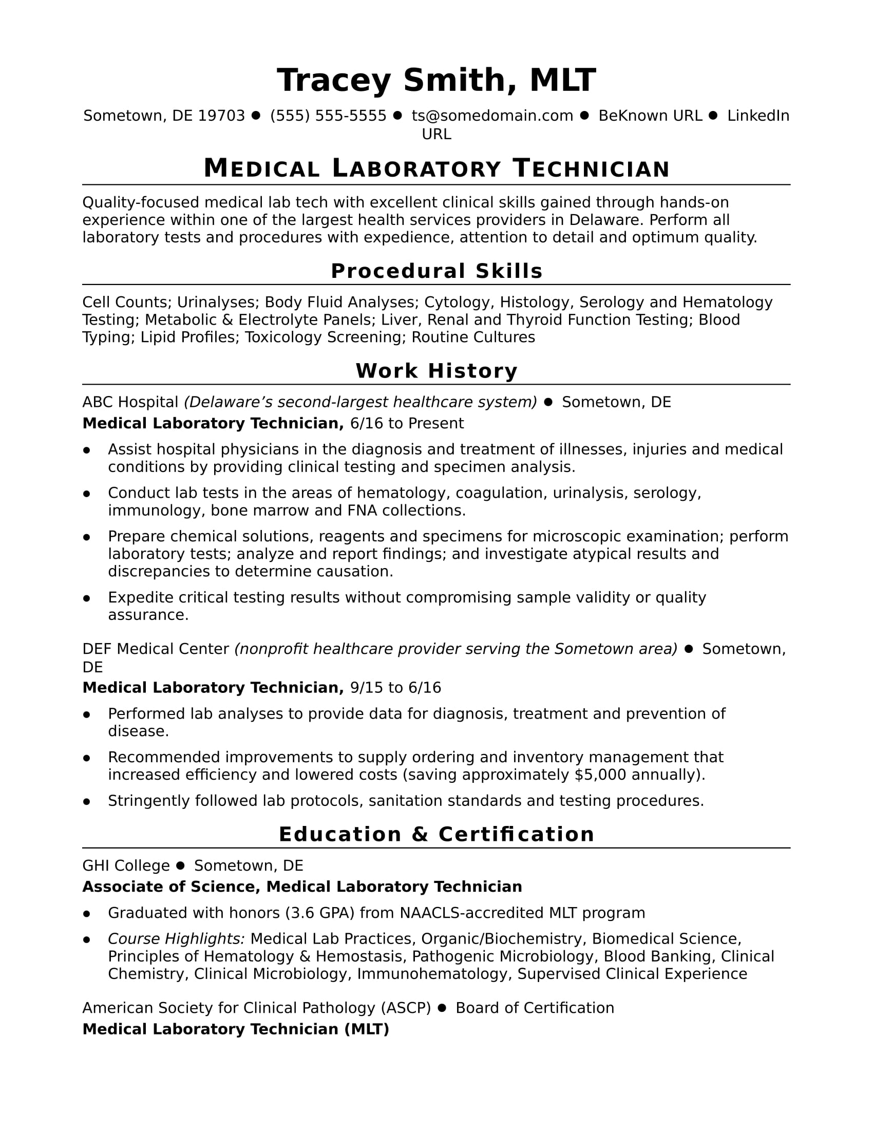 Sample Lab Technician Resume