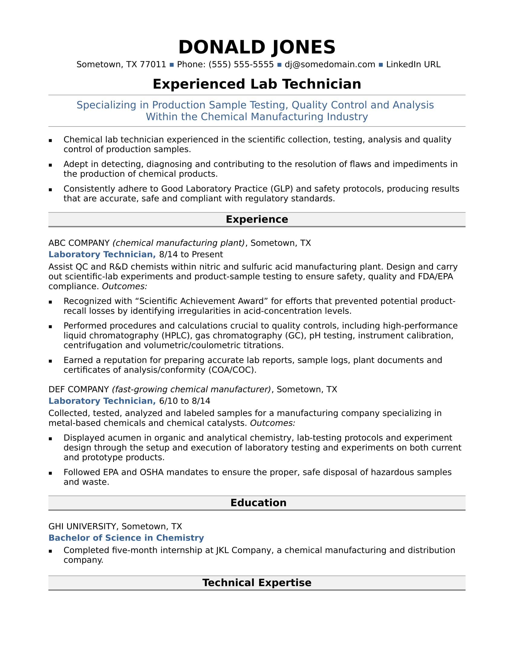 resume format for fresher lab technician