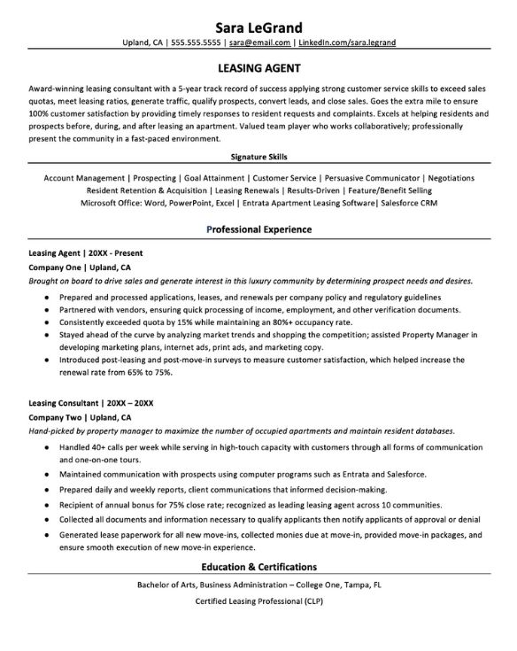 Leasing Agent Resume Template   Leasing Agent 