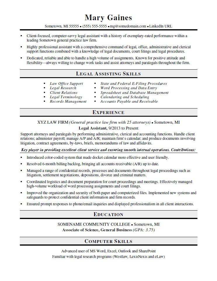 Legal Assistant Resume Sample Monster Com