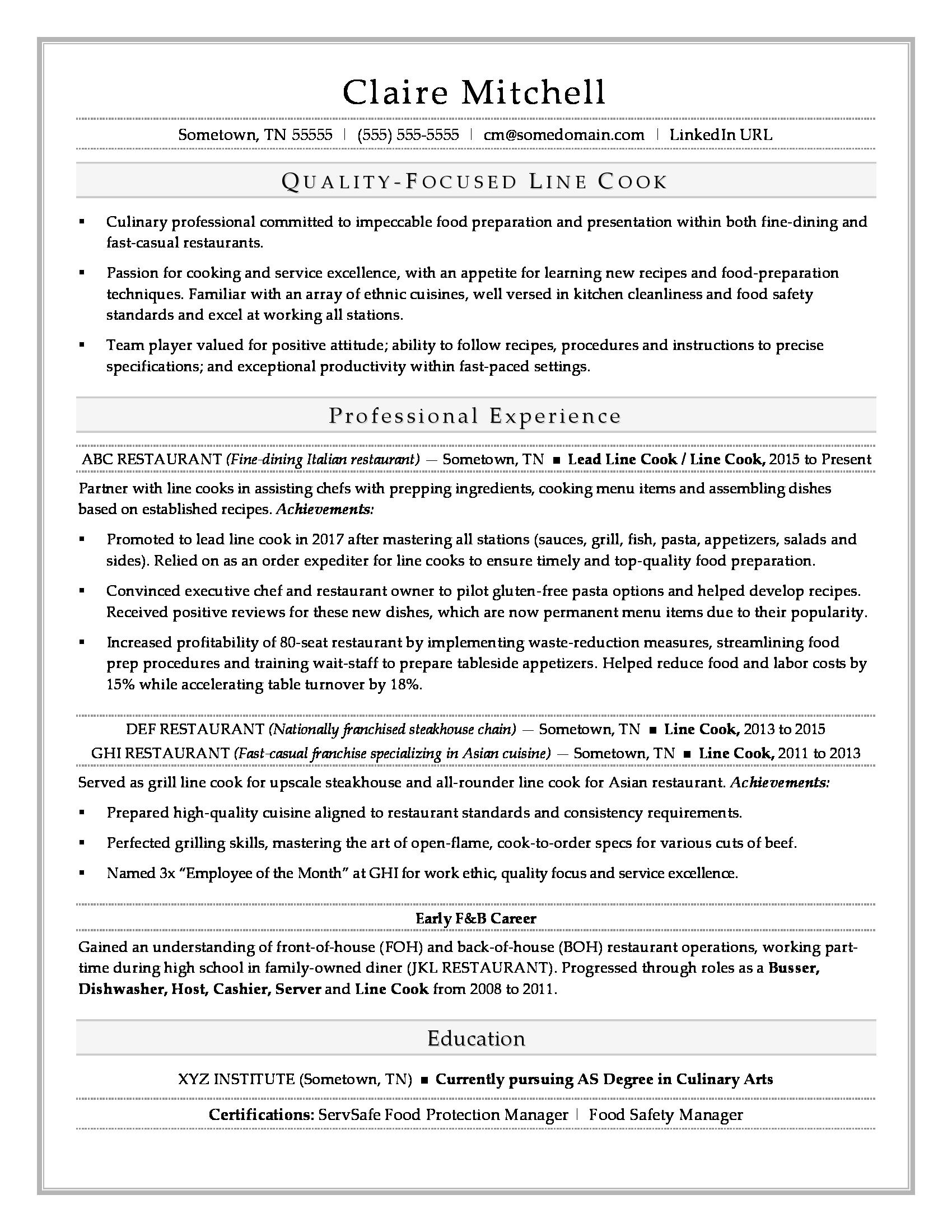 Line Cook Resume Sample