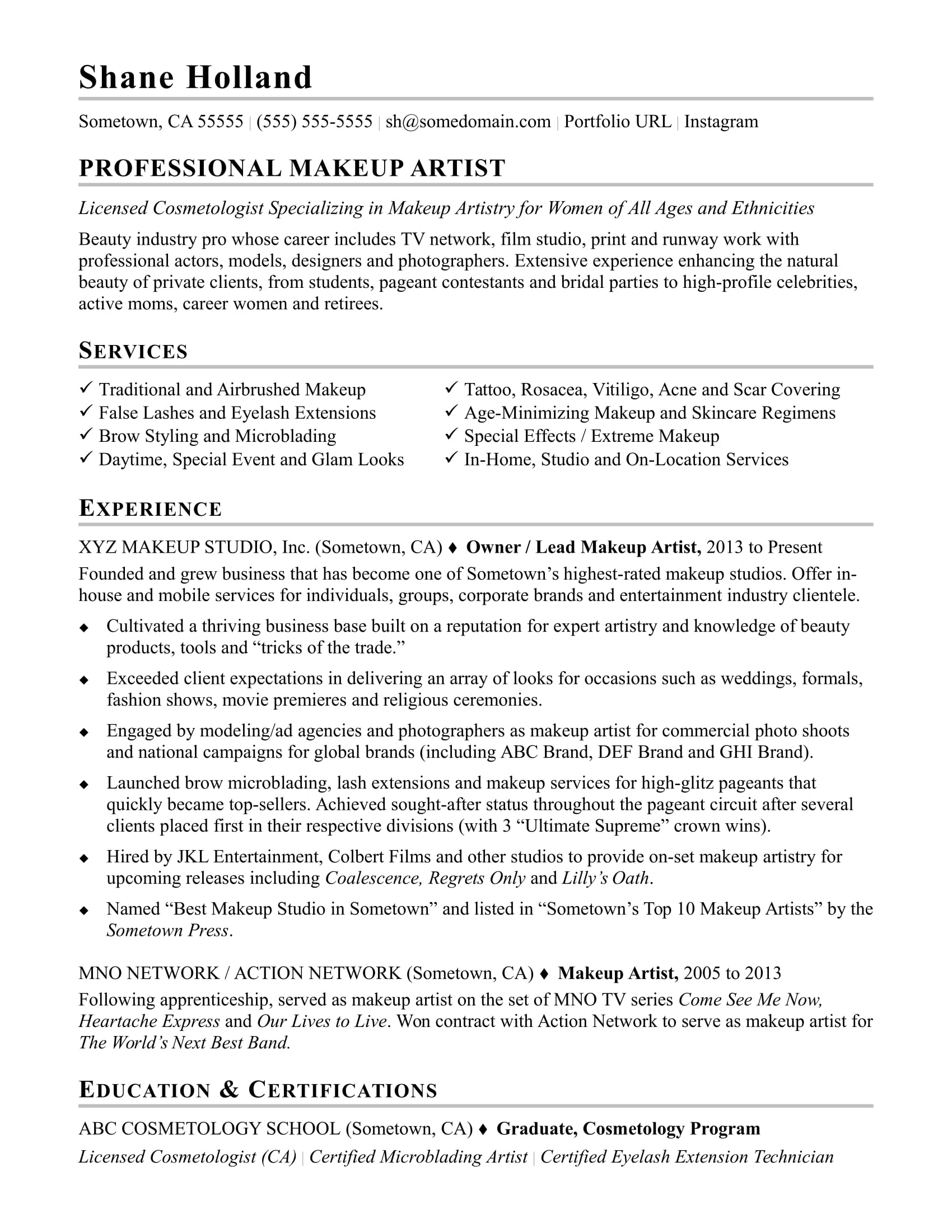 resume examples makeup artist