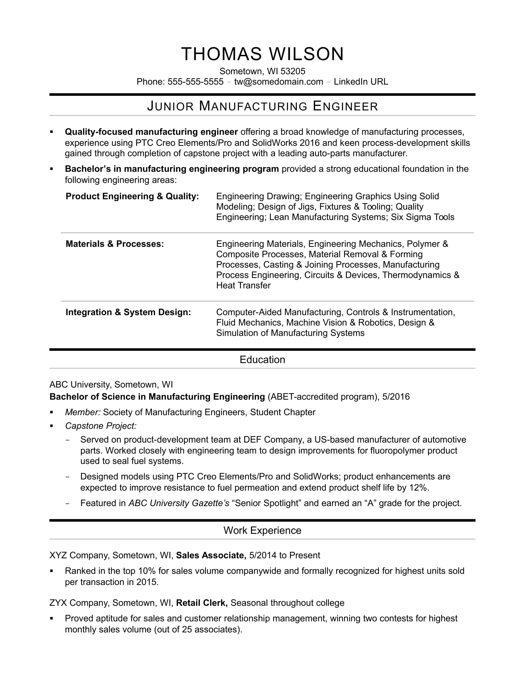 Sample Resume for an EntryLevel Manufacturing Engineer