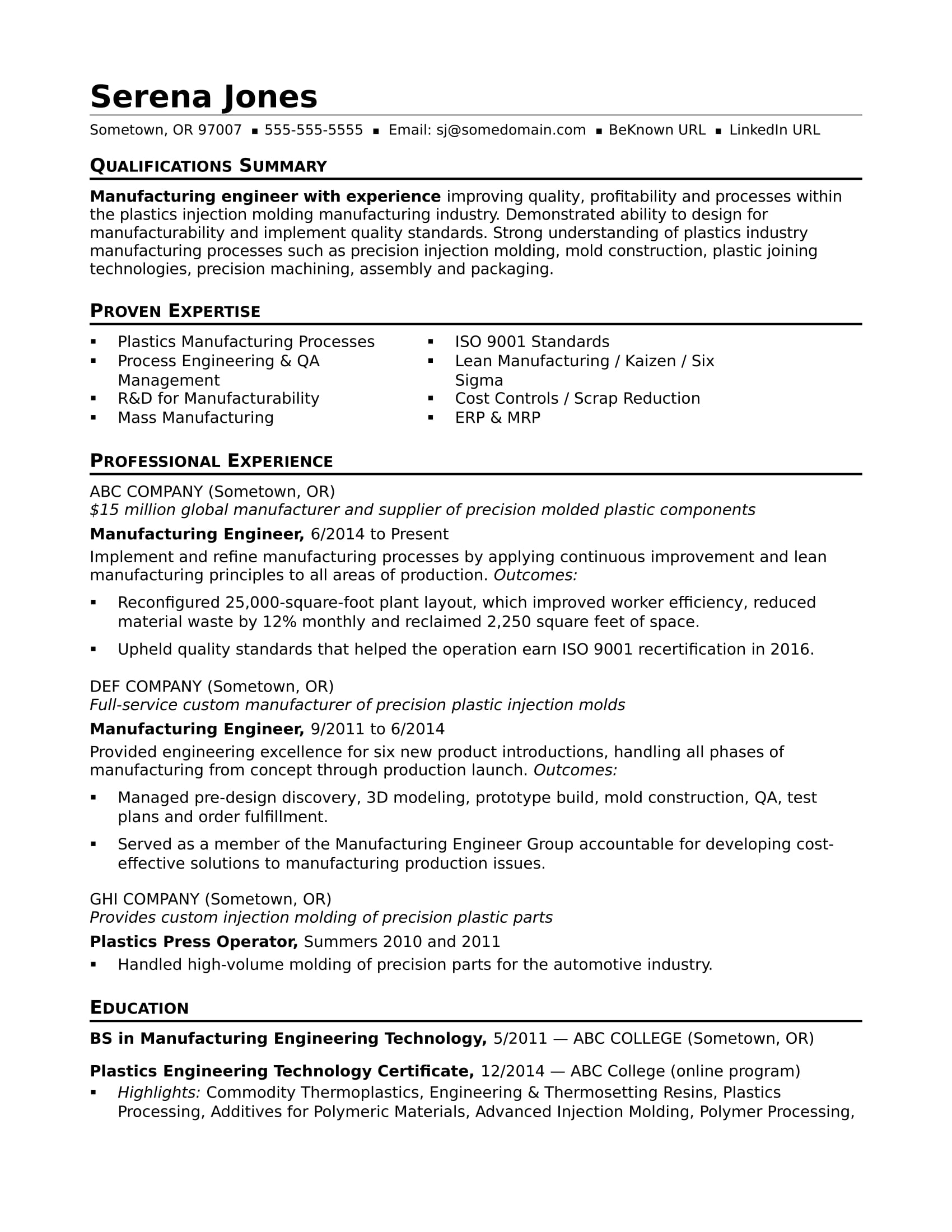 Sample Resume For A Midlevel Manufacturing Engineer Monster Com