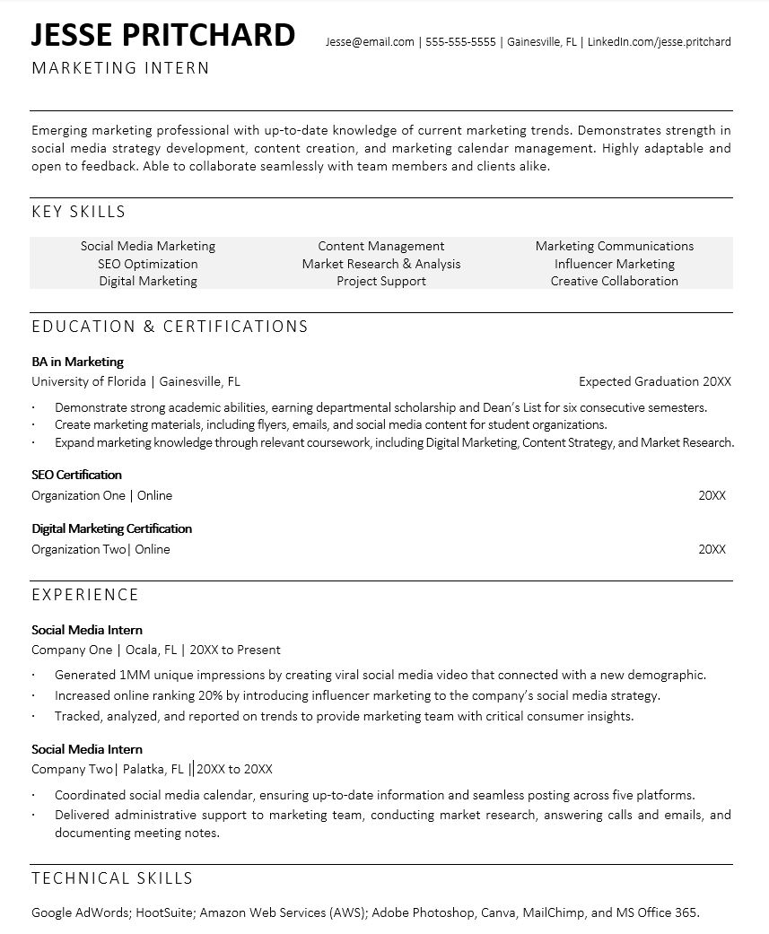 intern resume help