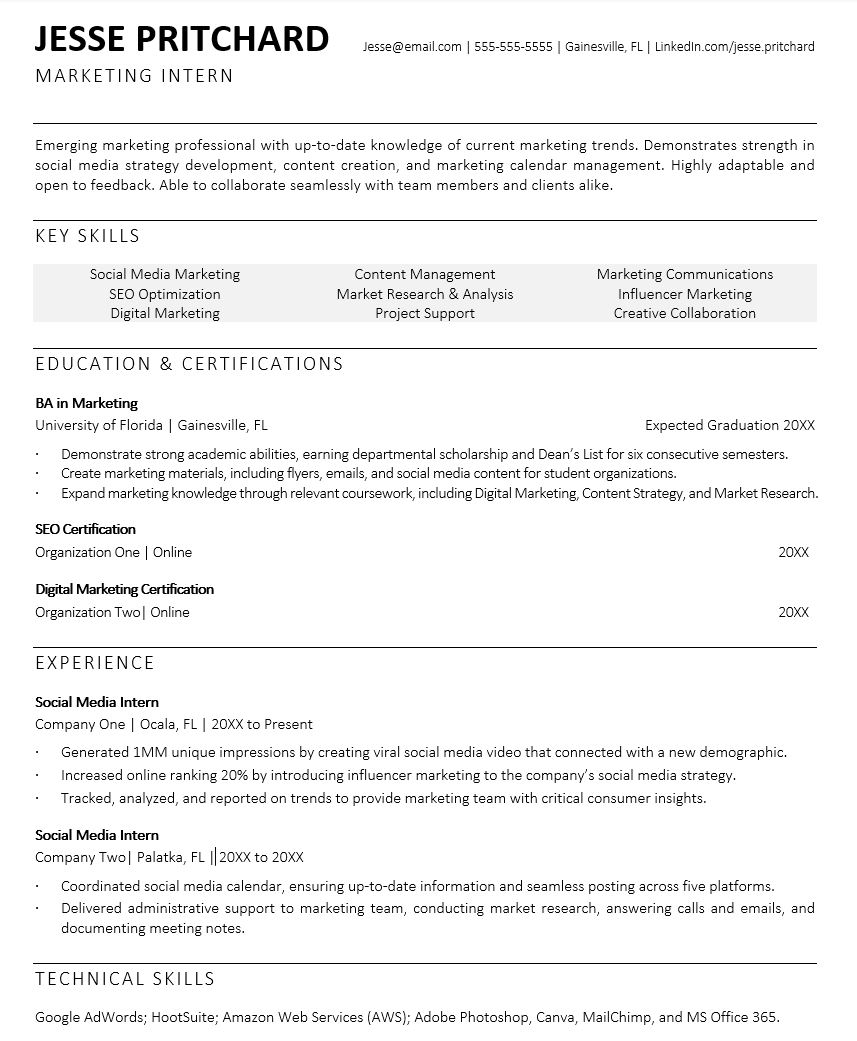 Marketing Intern Resume