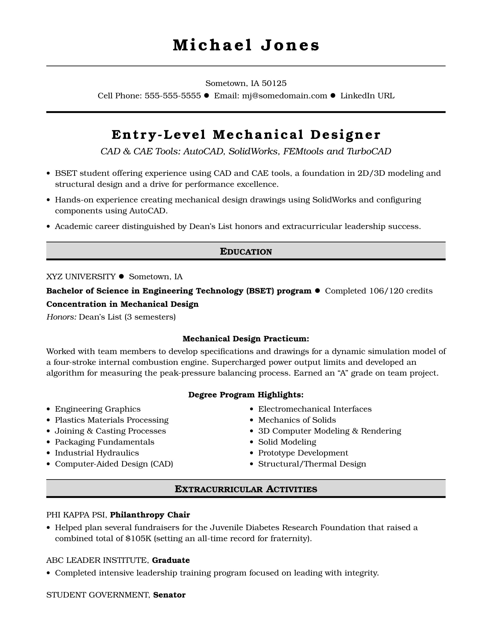 sample resume for an entry level mechanical designer monster com