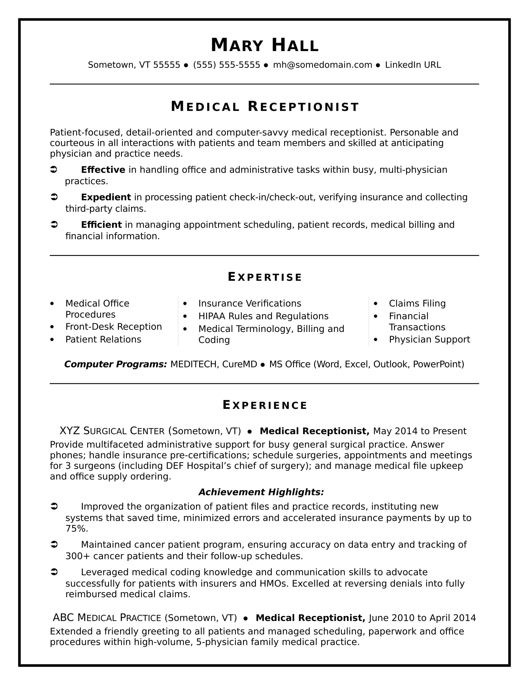 Sample Resume Medical Receptionist Remar