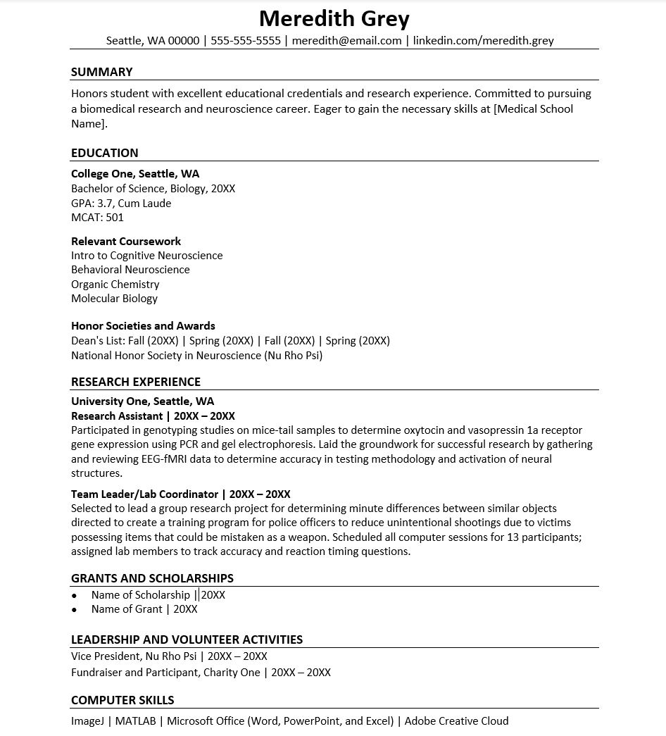 Premed Cv Template