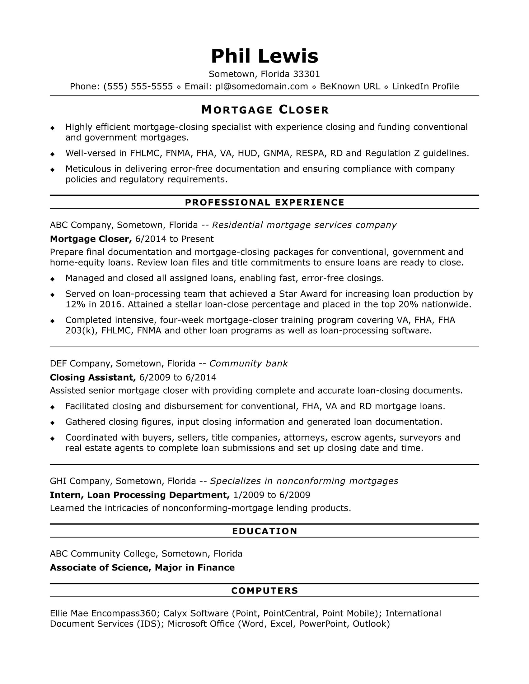 Mortgage Closer Resume Sample Monster Com