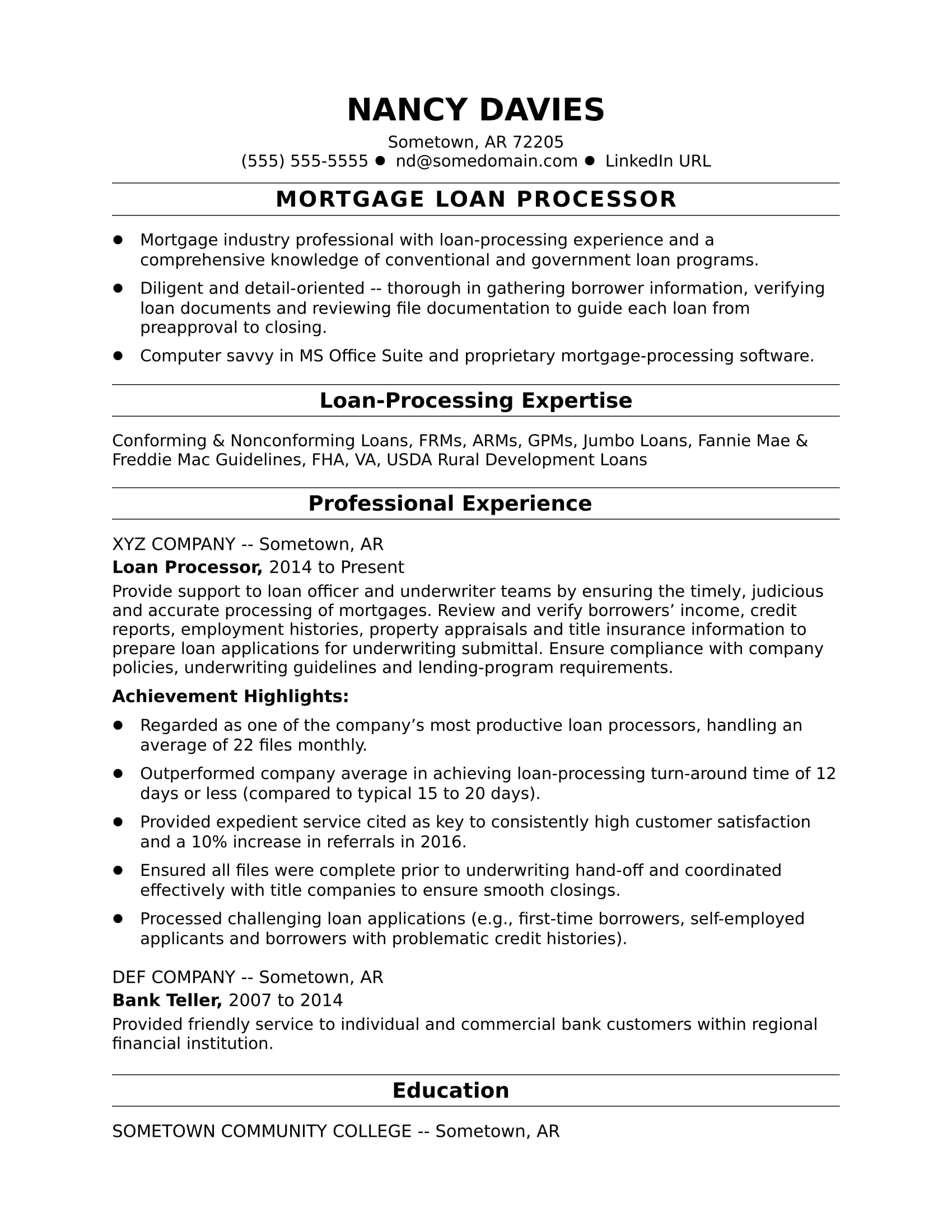 Mortgage Loan Processor Resume Sample | Monster.com