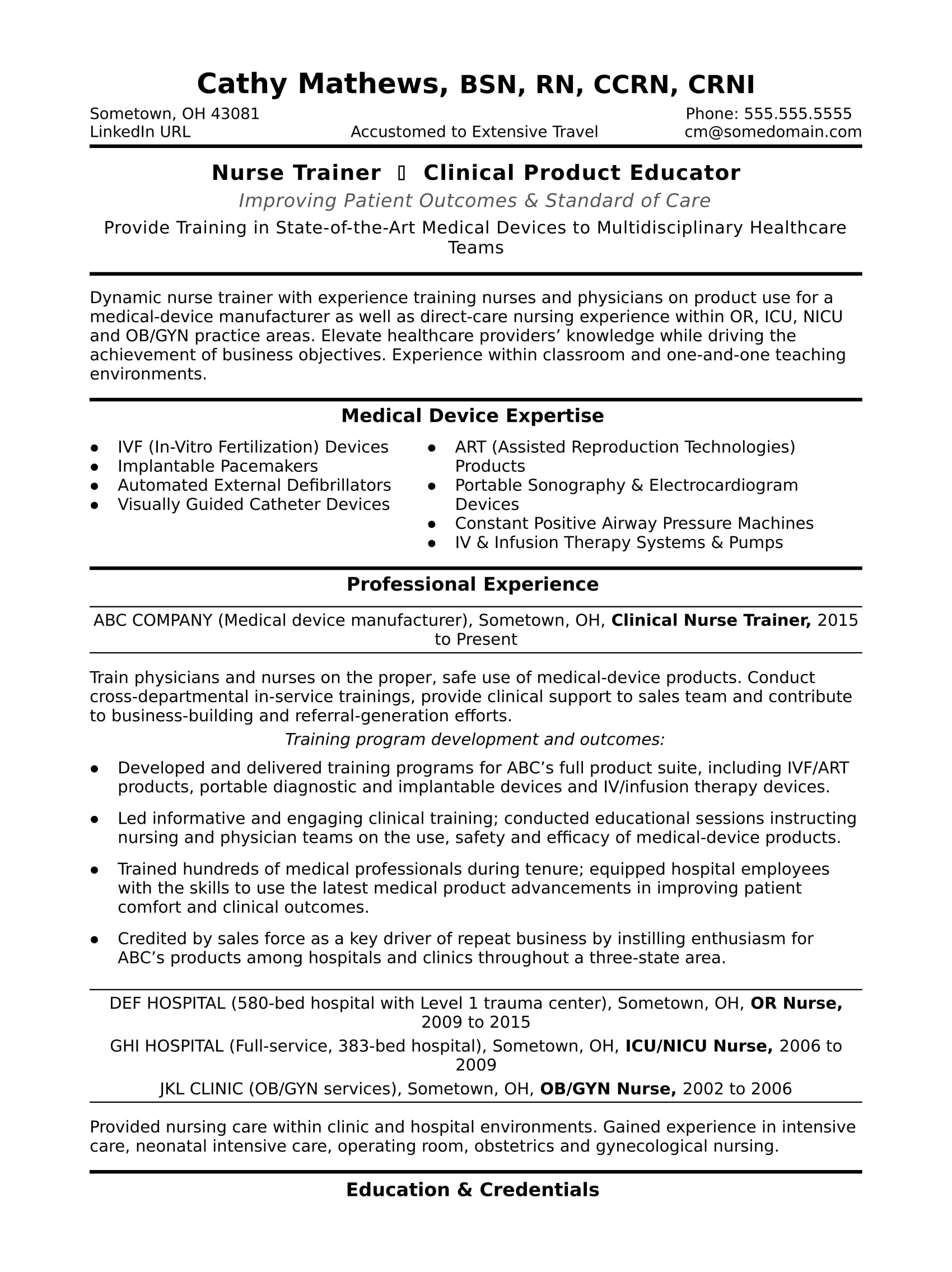 Nurse Trainer Resume Sample