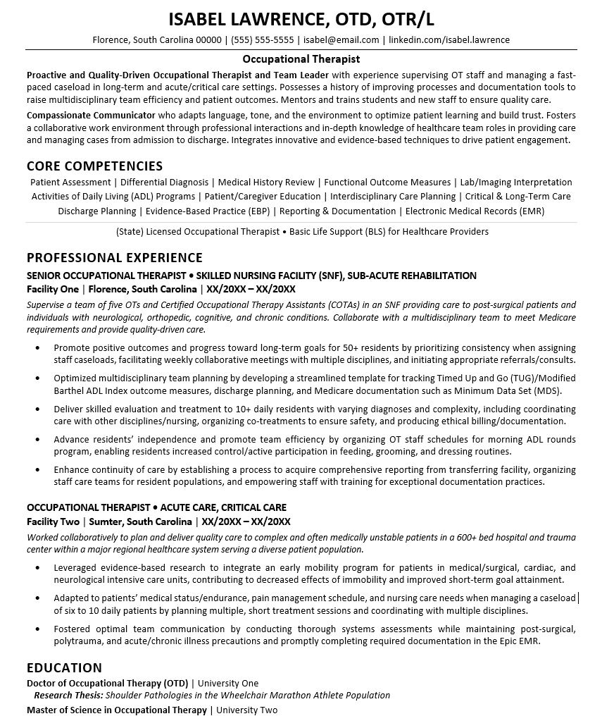 Occupational Therapy Resume Sample
