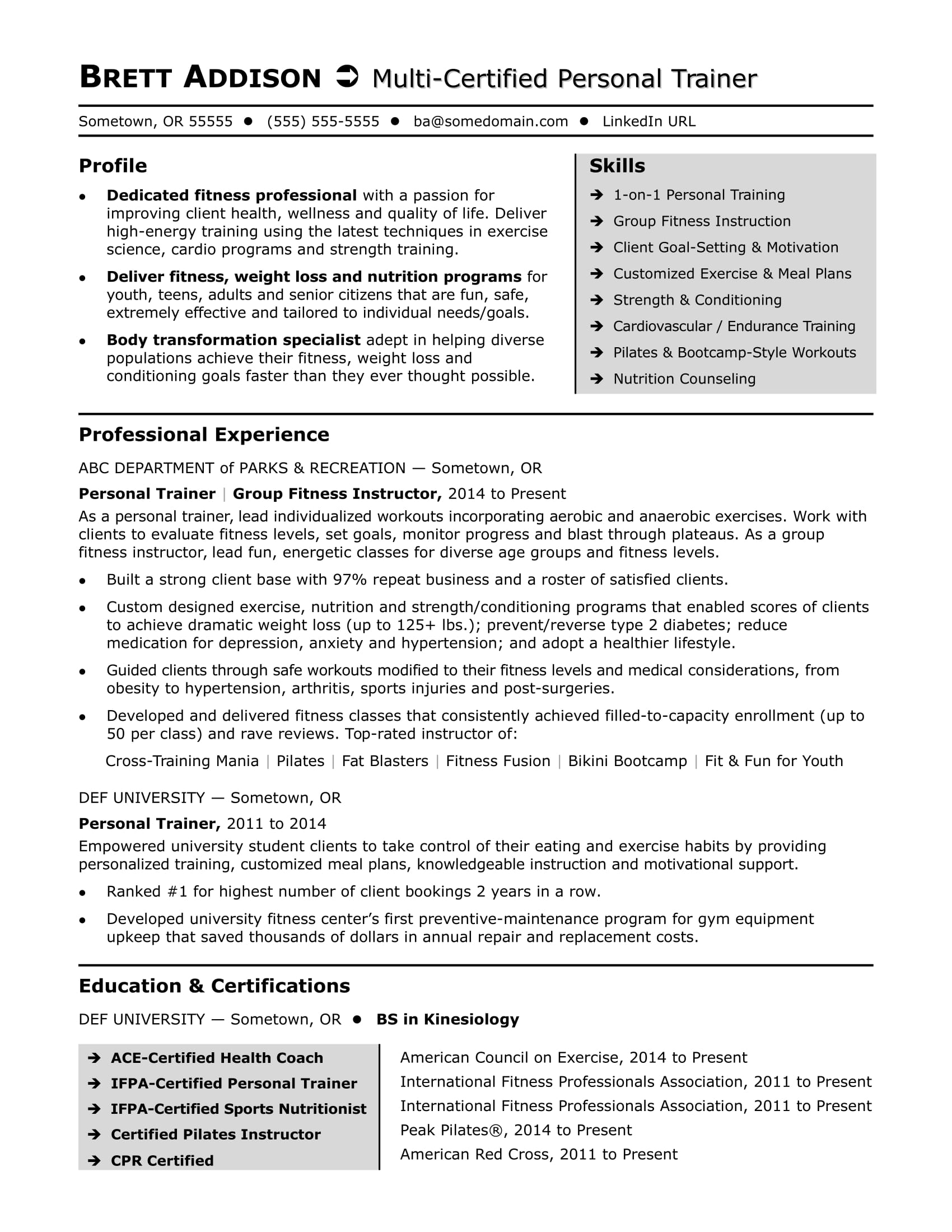 Personal Trainer Resume Sample Monster Com